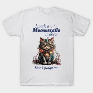 Funny Christmas Cat Tangled in Lights, Meowstake in Decor T-Shirt